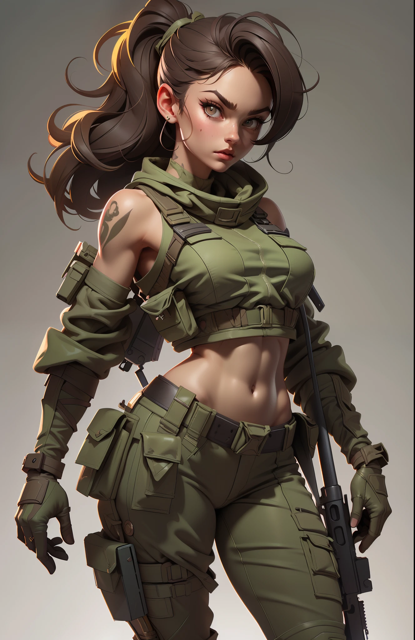 Gorgeous and fearless female soldier, fit body, military croptop, bare shoulders, dark blond hair, tattoo arm, holding big gun, running, jungle background, full detail face,  killing eyes, high detail, realistic, photo quality, high quality,  (photorealistic:1.6), highly detailed, masterpiece, High-quality shadow,