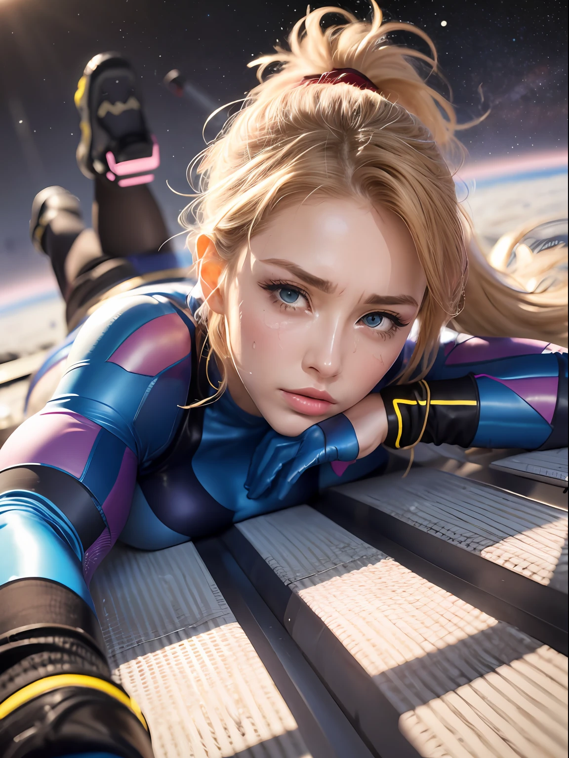 samus aran, ponytail, hair tie, blue gloves, blue bodysuit, high heels (masterpiece, best quality:1.4), (modern days), blue eyes, 1girl, solo, pov, sfw, stunning girlfriend, (space background), (lying on her back), heart shaped face, elegant face, beautiful face, highly detailed face, highly detailed skin, skin pores, subsurface scattering, realistic pupils, medium breast, Moaning in pain, feeling pain, tears flowing, sore, crying in pain, bust botox, hans over the crotch, Lying down, Wide open legs, Raised legs, Flipping clothes with hands, Twisting clothes with hands, semi-undressed, wet clothes, wet body, thin-skinned clothes, clothes with visible tips of breasts, sweat, breasts protruding from clothes, clothes with sheer tummy, under breasts, embarrassing, blush, show off, crotch shows through, areola see-through, open, pubic area visible, full face blush, full lips, detailed background, depth of field, volumetric lighting, sharp focus, absurdres, realistic proportions, good anatomy, (realistic, hyperrealistic:1.4), 16k hdr,