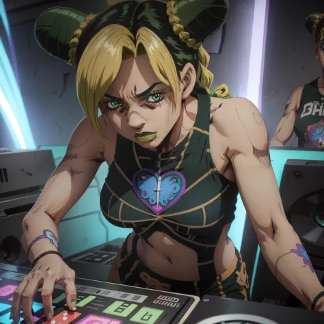 a solo shot featuring jolyne_anime a dj, showcasing her skills on the turntables at a vibrant rave.