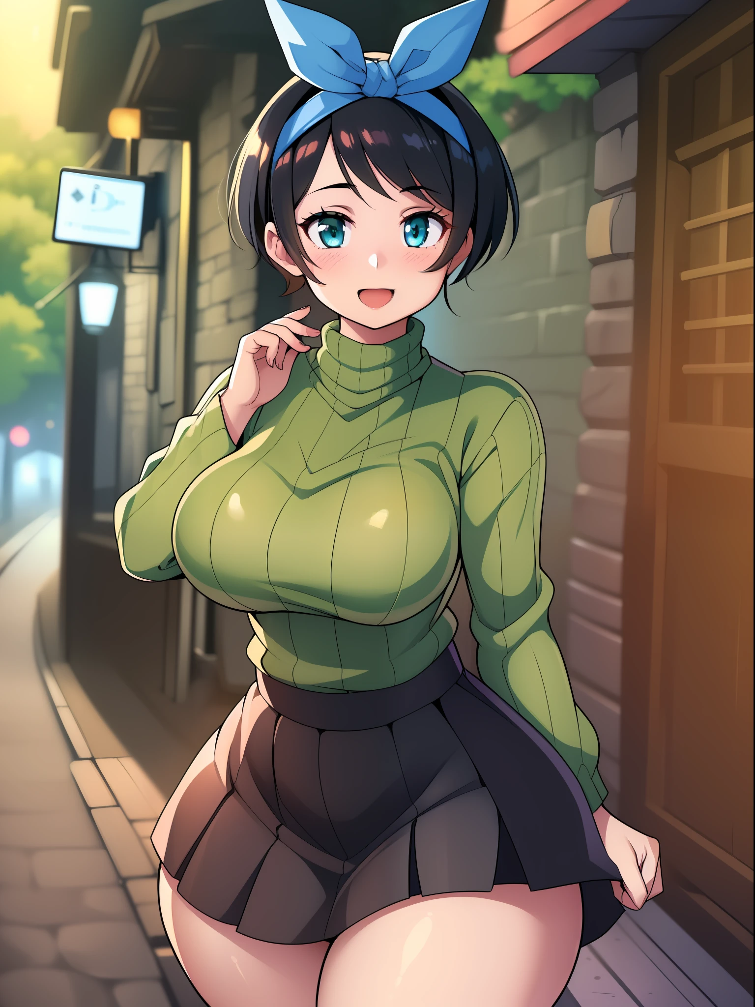 ((((kipteitei art)))), ((highres)),Masterpiece, high quality, best quality, beautiful, perfect lighting, detailed face, ultra cute face, ((1girl)), ((solo), ((((sarashina ruka)))), ((blue hairband)), ((tan turtle neck sweater)), ((black short skirt)), looking at viewer, cowboy shot, cute pose, sweet smile, affectionate, (blush), in love with viewer, cute, happy, medium breasts, perky breasts, (wide hips), ((thick thighs)), curvy, thicc, town, street,