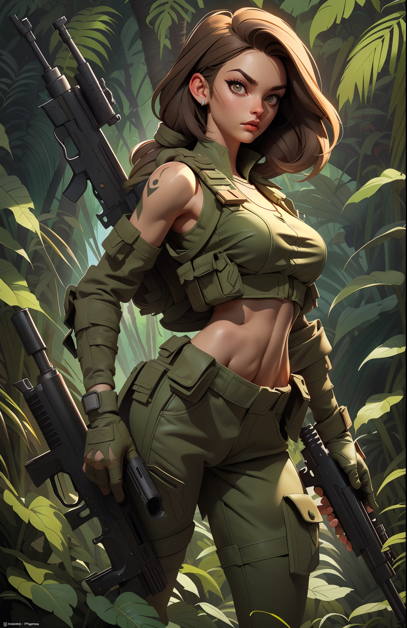 Gorgeous and fearless female soldier, fit body, military cropped top, bare shoulders, dark blond hair, tattoo arm, holding big gun, running, looking at distance, sun rays, (((jungle background))), full detail face,  killing eyes, high detail, realistic, photo quality, high quality,  (photorealistic:1.6), highly detailed, masterpiece, High-quality shadow,