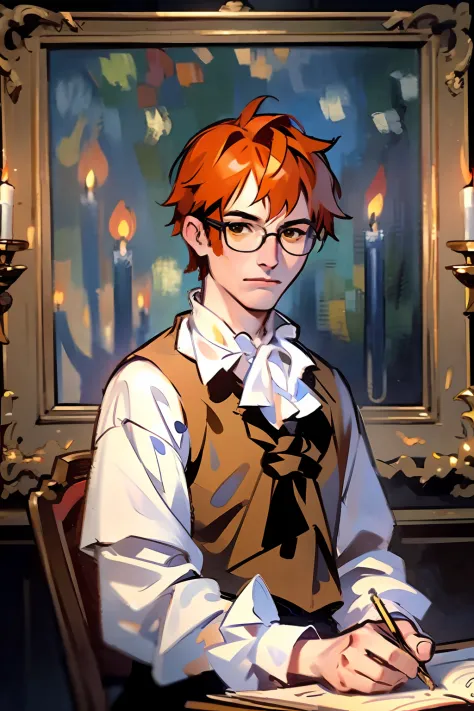 1man, portrait, yellow eyes, glasses, ginger hair, skinny, white shirt, looking a viewer, ((darkness)), ((candle lights)), (Renoir), (monet), (oil painting), (Sketch)