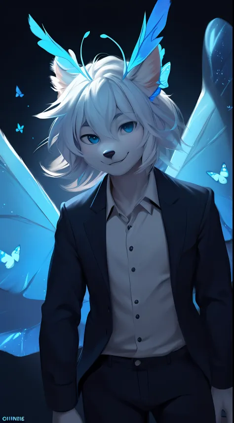 solo:1.2, front view, from side :0.8, portrait, torso, 1 boy, adorable white papillon (male), ((oberon, ob, blue_butterfly_wing)), white fur, white short hair , blu eyes, highly detailed eyes, halo, wearing a black shirt, fur black overcoar, navy blue pant...