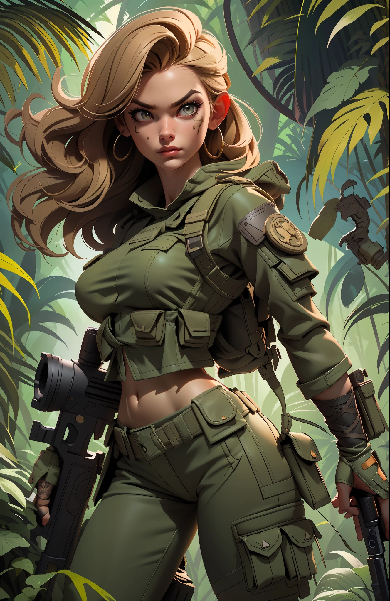 Великолепная и бесстрашная женщина-солдат, стройное тело, укороченный топ в стиле милитари, голые плечи, темно-русые волосы, тату рука, держит большой пистолет,((( боевая поза))), глядя на расстояние, солнечные лучи, (((фон джунглей))), полная детализация лица,  убивающие глаза, высокая детализация, реалистичный, Качество фотографий, высокое качество,  (photoреалистичный:1.6), очень подробный, шедевр, Качественные тени,