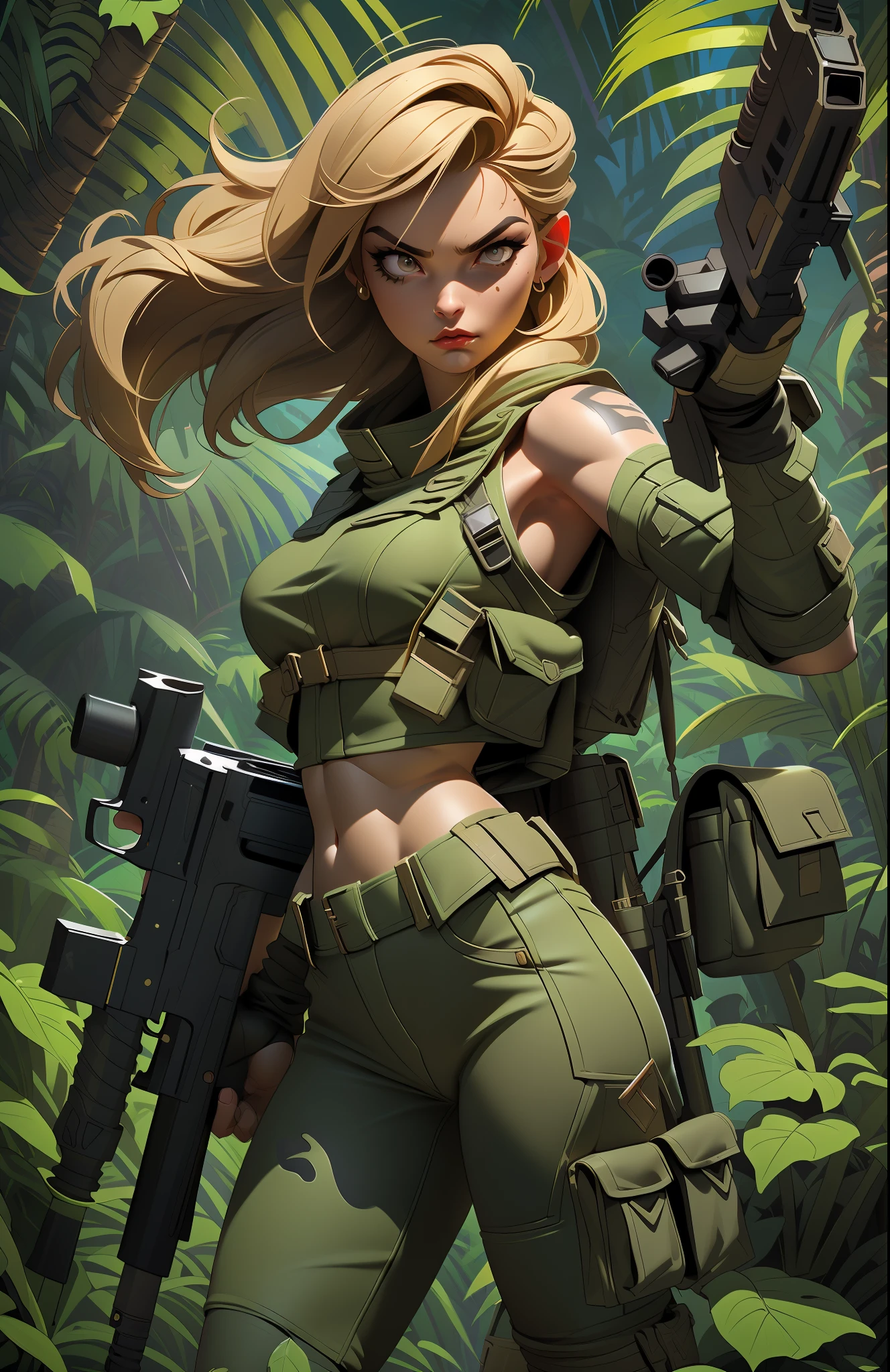 Gorgeous and fearless female soldier, fit body, military cropped top, bare shoulders, dark blond hair, tattoo arm, holding big gun,((( fighting pose))), looking at distance, sun rays, (((jungle background))), full detail face,  killing eyes, high detail, realistic, photo quality, high quality,  (photorealistic:1.6), highly detailed, masterpiece, High-quality shadow,