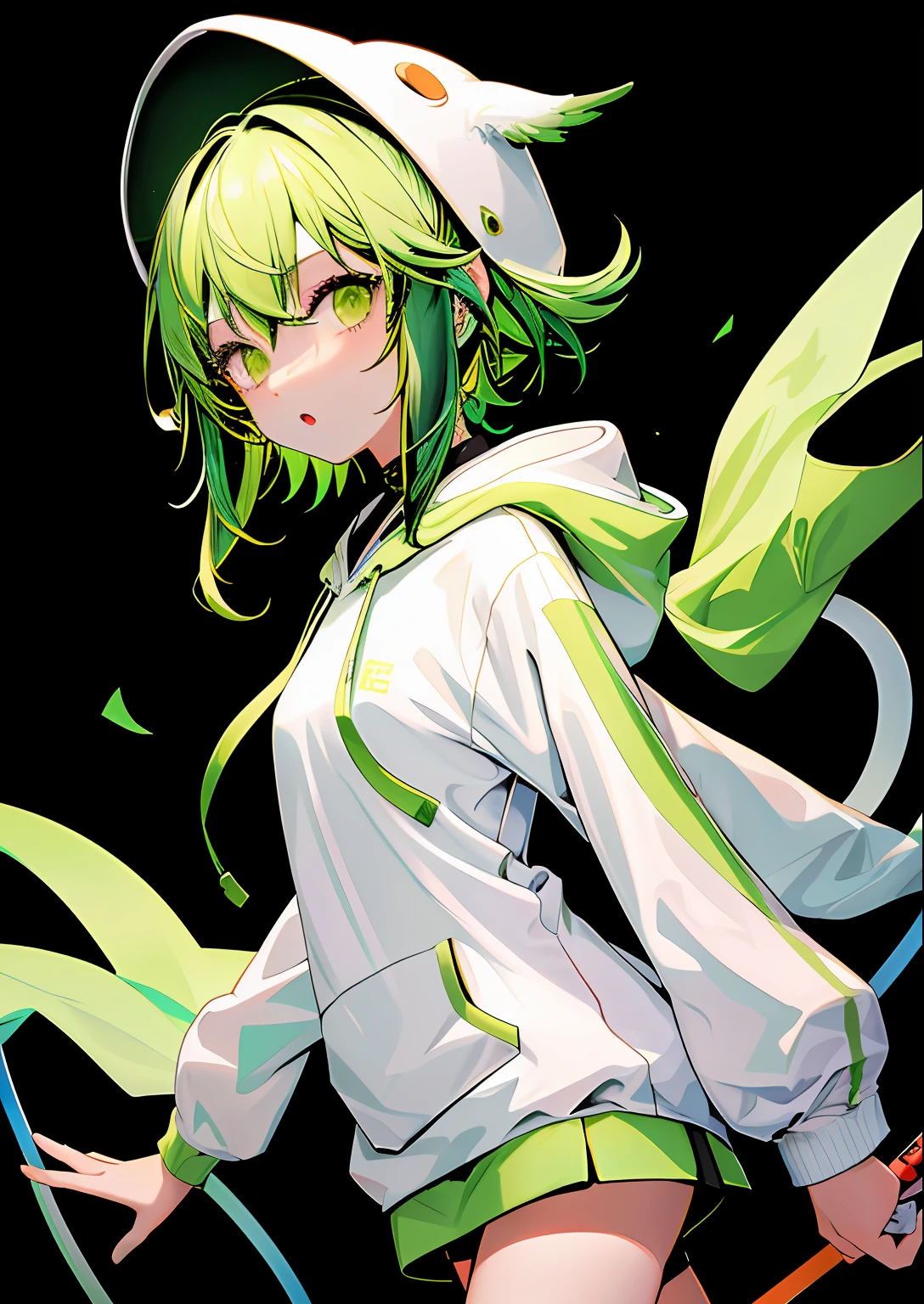 1女孩, 上半身, 浅绿色的头发, 白色连帽衫,十