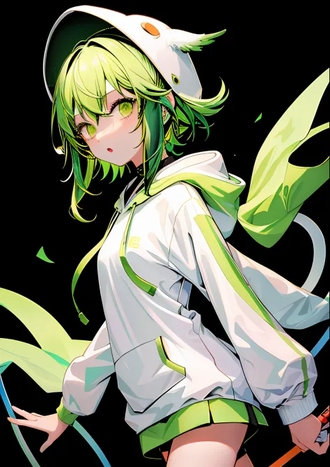 1girl in, Upper body, light green hair, White hoodie,GUMI