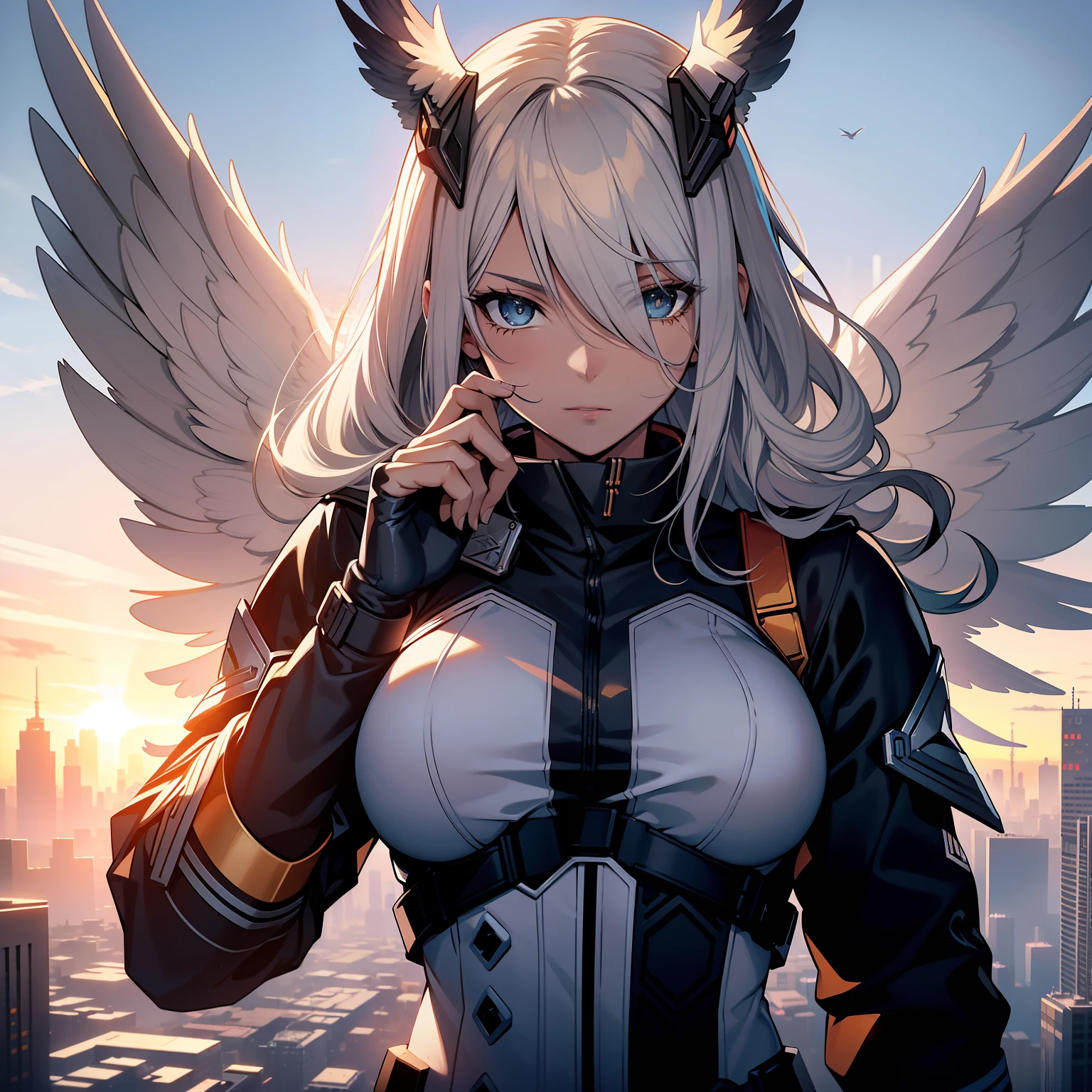 valkyrie, cheveux blancs, Lenneth, Profil Valkyrie, yeux bleus, uniforme de police blanc, cyberpunk, Capacete Avec des ailes, avec deux ailes blanches, tendre la main au visualisateur, dans un ciel, coucher de soleil, 4k, bonne anatomie