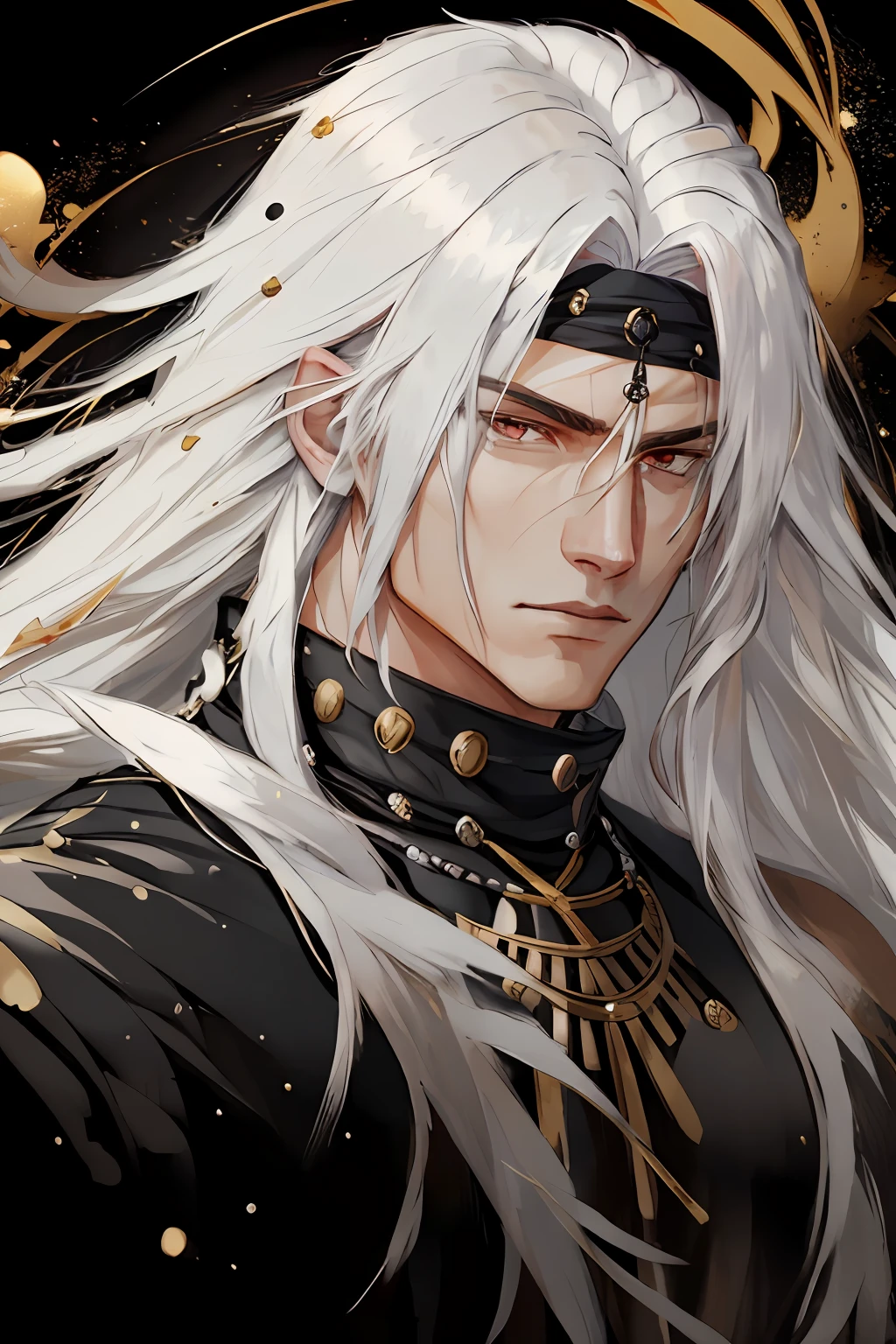 "Best quality, masterpiece, 1 boy with long white hair, white eyes, wearing a black beaded necklace, smug face, shirtless showing his muscles, adorned with a gold gauntlet, set against a portrait-style composition with an abstract background."