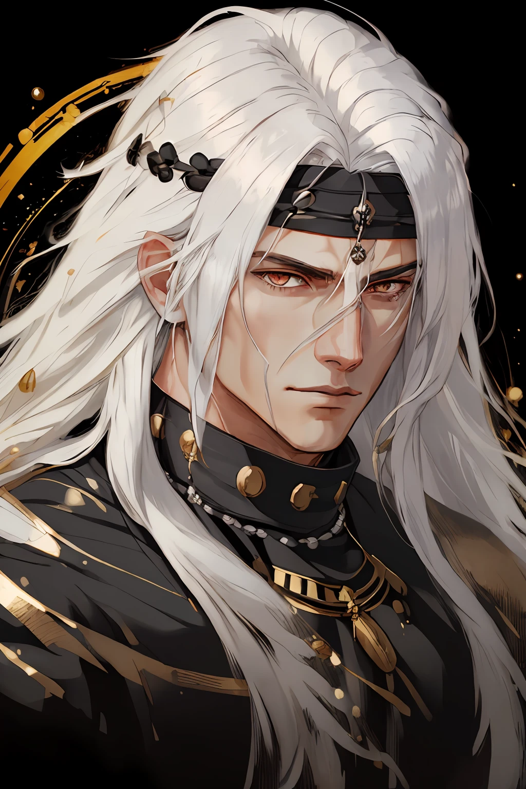 "Best quality, masterpiece, 1 boy with long white hair, white eyes, wearing a black beaded necklace, smug face, shirtless showing his muscles, adorned with a gold gauntlet, set against a portrait-style composition with an abstract background."