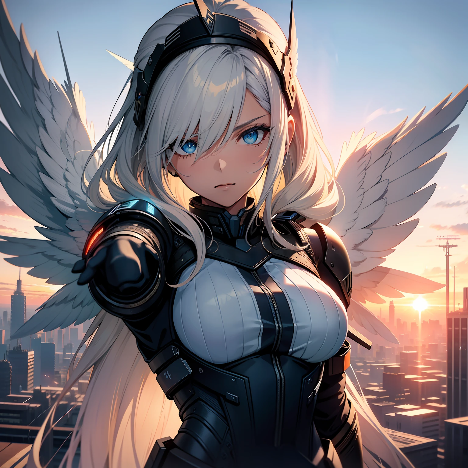 valkyrie, weißes Haar, lenneth, valkyrie profile, blaue Augen, weiße Polizeiuniform, cyberpunk, Capacete mit Flügeln, mit zwei weißen Flügeln, erreicht den Visualisator, in einem Himmel, Sonnenuntergang, 4k, gute Anatomie