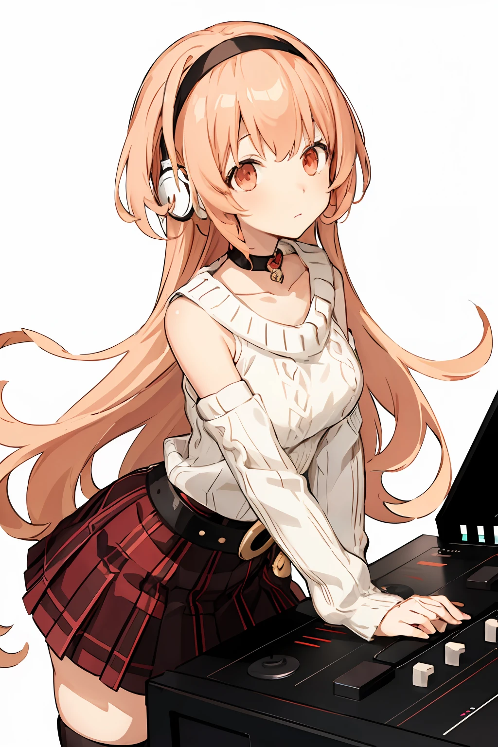 A solo shot featuring compa, hairband, choker white sweater, aran sweater, cable knit, detached sleeves, plaid skirt, pleated skirt, red skirt, belt, black thighhighs, white footwear, boots  a DJ, showcasing her skills on the turntables at a vibrant rave.