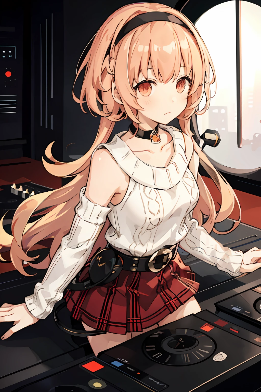 A solo shot featuring compa, hairband, choker white sweater, aran sweater, cable knit, detached sleeves, plaid skirt, pleated skirt, red skirt, belt, black thighhighs, white footwear, boots  a DJ, showcasing her skills on the turntables at a vibrant rave.