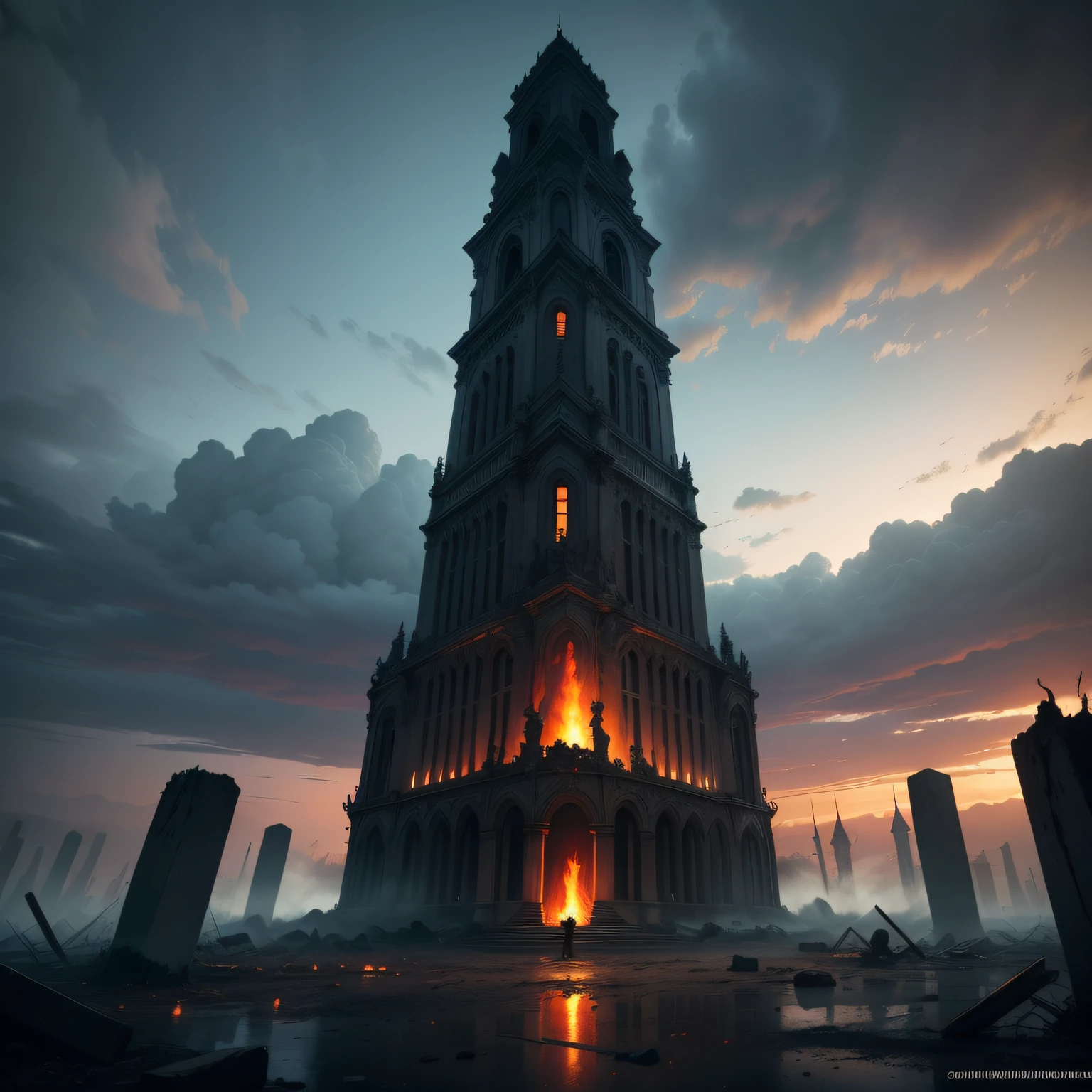 The setting is a desolate and devastated land, consumed by chaos and the forces of evil. The influence of the games Diablo 4 and Remnant: From the Ashes é evidente, combining gothic horror with survival in a post-apocalyptic world.

A cena se desenrola em uma cidade outra majestosa, now in ruins. Tall, elegant buildings that once housed the nobility and elite are in rubble, its decadent and dark-filled Gothic structures. The streets are littered with debris, Wreckage and remains of demonic and grotesque creatures, witnesses of the evil that befell this once prosperous place.

The sky is dyed blood-red, com nuvens tempestuosas e raios iluminando o horizonte. Cities along are seen on fire, while cold tears the sky ominously. The air is filled with a dark haze and toxic smoke, making it difficult to see and causing a feeling of oppression and despair.

In the center of the scenery, stands the macabre building that serves as the lair of the fearsome chief, a demonic entity, poderosa e ancestral. A estrutura parece um templo retorcido, with demonic projected details and sinister symbols inscribed on its walls. Chamas verdes e roxas ardem constantemente ao redor do covil, denoting the presence of an unnameable entity.

Amid the wreckage, Dead and twisted trees rise from the ground, aparentemente sugando a energia vital do lugar. Fragments of magical portals can also be seen, denotando a natureza sobrenatural do ambiente.