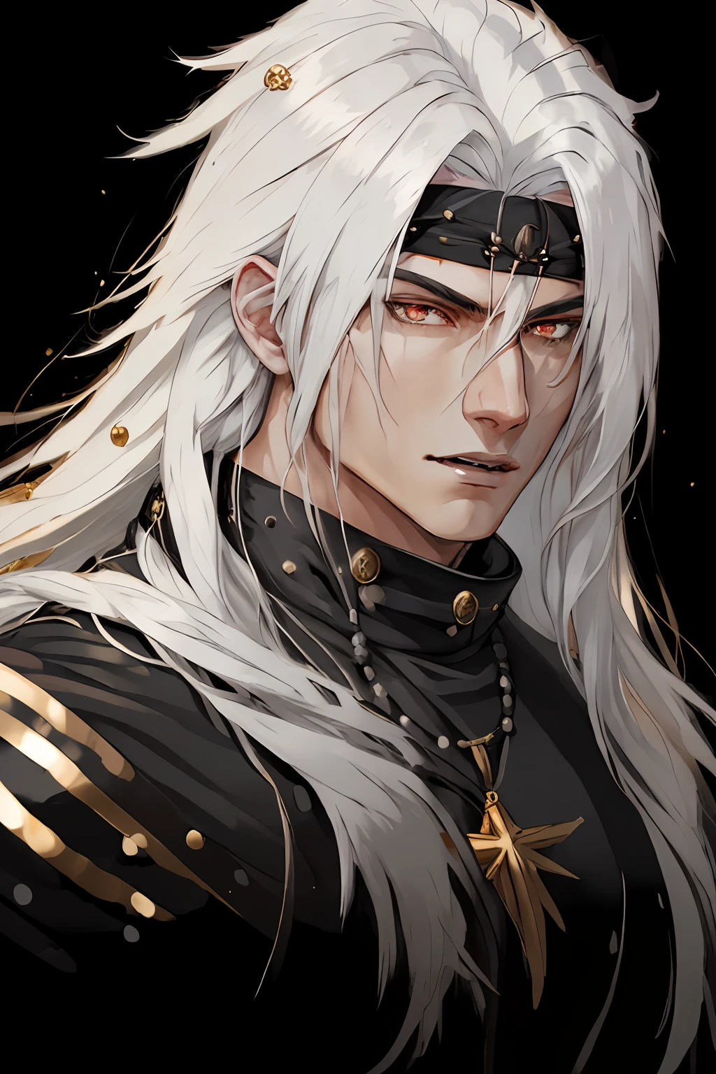 "Best quality, masterpiece, 1 boy with long white hair, white eyes, wearing a black beaded necklace, smug face, fangs, shirtless showing his muscles, adorned with a gold gauntlet, set against a portrait-style composition with an abstract background."