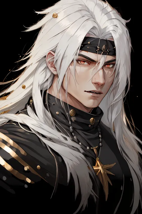 "Best quality, masterpiece, 1 boy with long white hair, white eyes, wearing a black beaded necklace, smug face, fangs, shirtless...