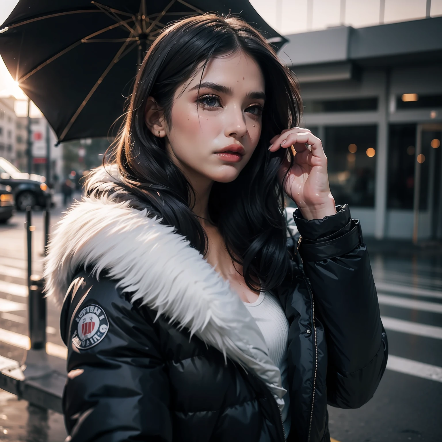 Sad beautiful woman, oversized silk navy blue puffer coat, grey sky, rain, tears on face, masterpiece, photorealistic, dynamic pose, dramatic, film grain, cinematic lighting, sunset, gazing into distance, wet hair, real rain, sexy, windy, despair