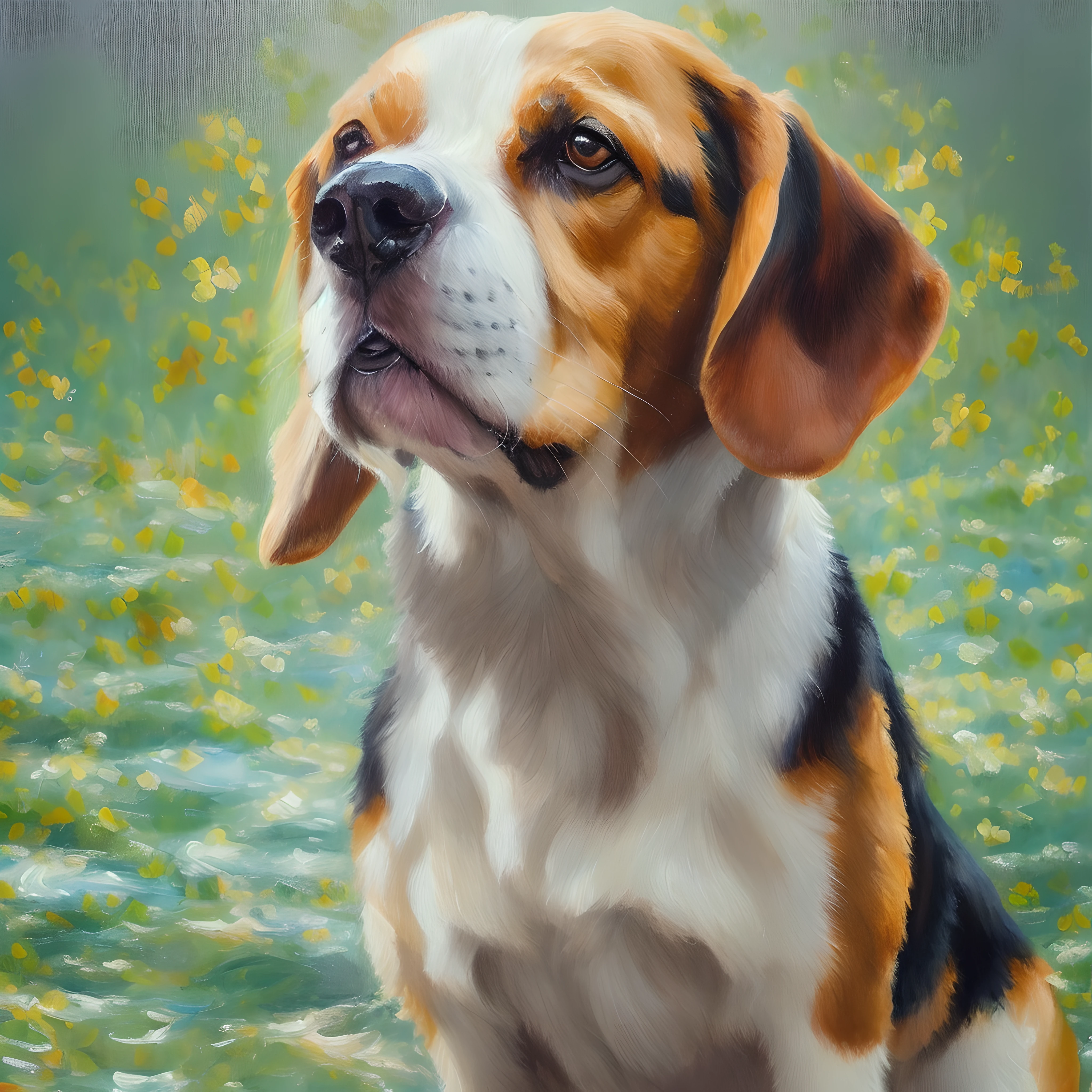 Beagle, Masterpiece, Gold Silver, super detaill, cute expression, Cool pose, ultra-definition, Very high quality, oil painting, The ultra-Highres, 8k, Sharp focus, precisely anatomy, art, Crisp background, water painting, Creativity, For exhibitions