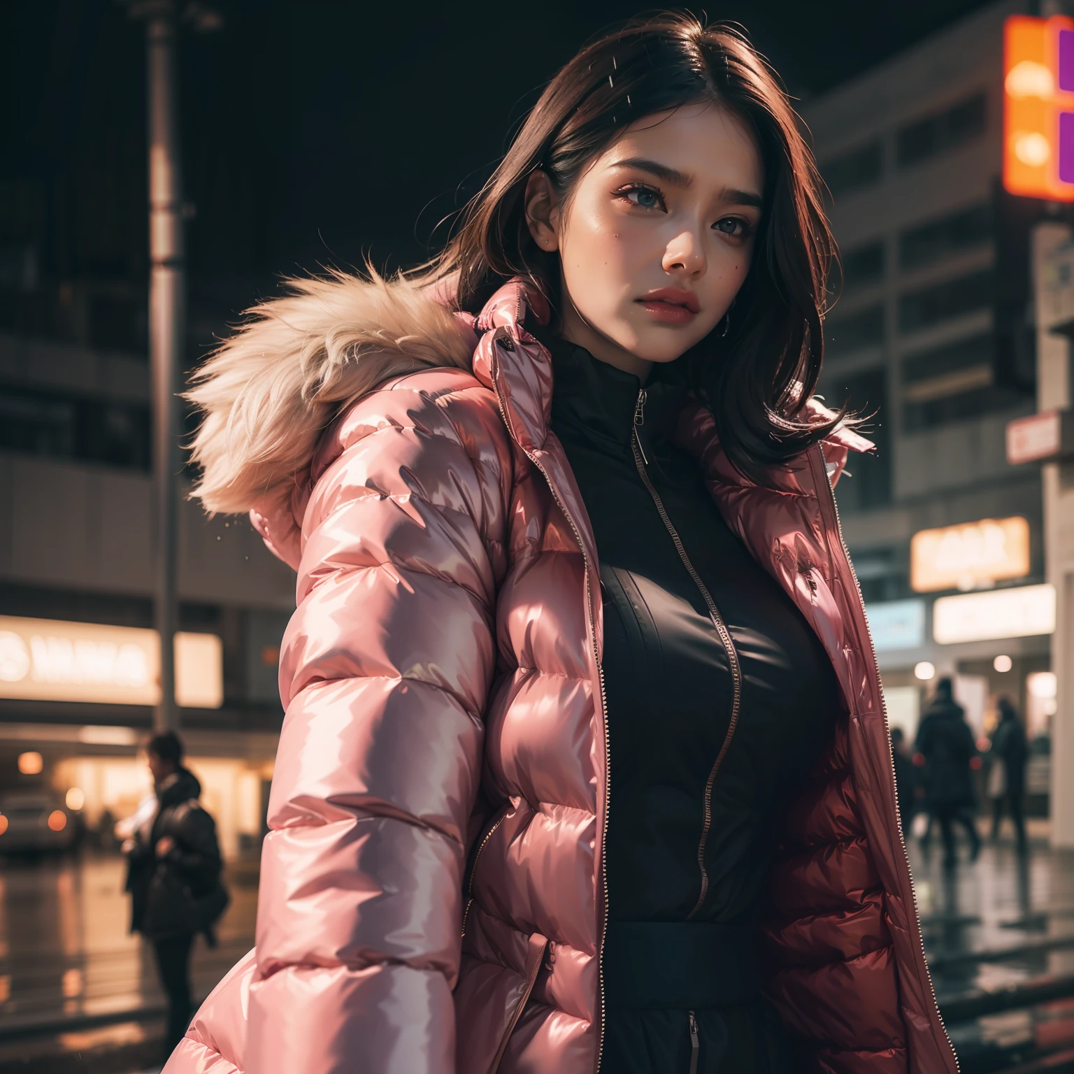 Sad beautiful woman, oversized silk pink puffer coat, grey sky, rain, tears on face, masterpiece, photorealistic, dynamic pose, dramatic, film grain, cinematic lighting, sunset, gazing into distance, wet hair, real rain, sexy, windy, despair