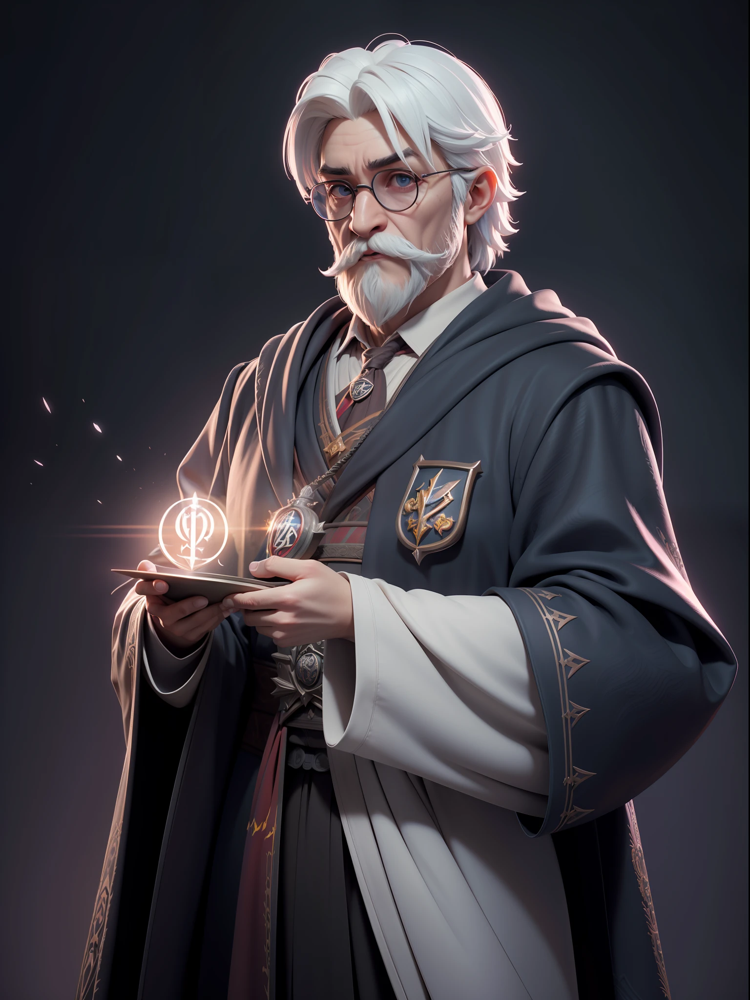 um mago masculino, cabelo branco, bigode, mangas largas, copos, manto, mangas compridas, ((derramar)), (((hogwarts background))), hogwarts, hiperdetalhado, estação de arte, sociedade cg, 8K, surrealista, ZBrush, motor irreal 5, cores brilhantes, Greg Rutkowski, Darksynth, weta digital, foco, renderização de octanas, super afiado, luz cinematográfica, alta qualidade, Alta resolução,  Estilo Suave Cor Manga Hayao, fotorrealista, alto detalhe, 8K, Estação de arte em alta, renderização de octanas, iluminação cinematográfica, Renderização 3D, Cáusticos Vray, iluminação volumétrica, atmosfera escura, cores temperamentais, sentimento de admiração, arte conceitual, motor irreal 5 Rendering, plano central cinematográfico, hiper-realista, Ultra-detalhado;