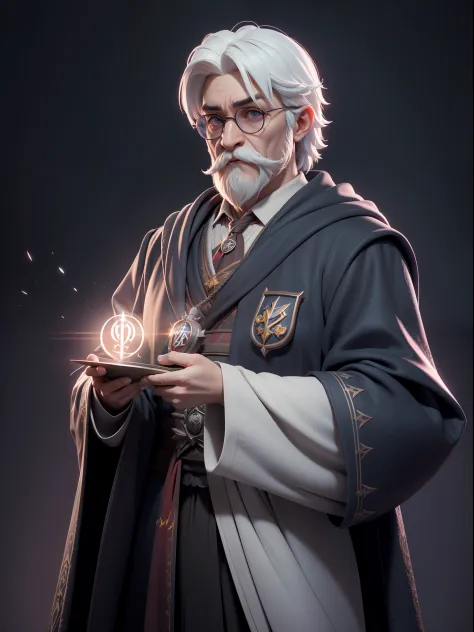 A male wizard, white hair, mustache, wide sleeves, glasses, robe, long sleeves, ((spill)), (((Hogwarts background))), Hogwarts, ...