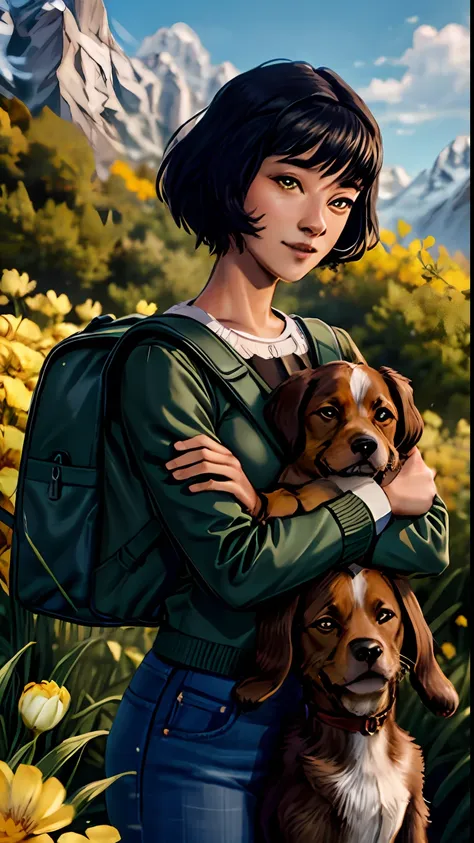 tip: a very charming opaltlok with a backpack and her cute puppy enjoying a lovely spring outing surrounded by beautiful yellow ...