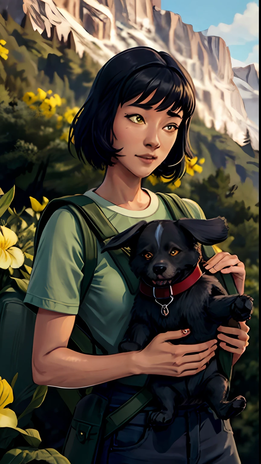 Tip: A very charming OpalTLOK with a backpack and her cute puppy enjoying a lovely spring outing surrounded by beautiful yellow flowers and nature. The illustration is a high-definition illustration in 4k resolution, featuring highly detailed facial features and cartoon-style visuals.