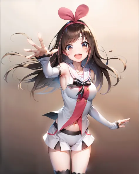 make a masterpiece of kizuna ai, com o umbigo exposto, coxas macias, barriga de fora, seios enormes, sorrindo, em uma cidade.