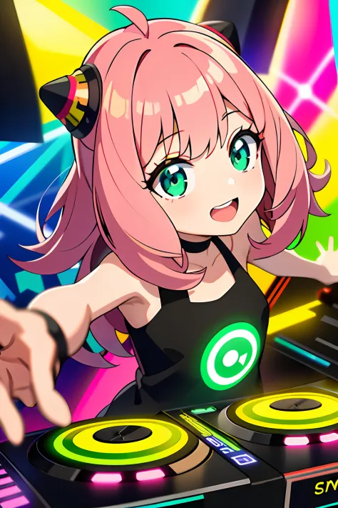 a solo shot featuring (anya\(spyxfamily\)) a dj, showcasing her skills on the turntables at a vibrant rave.