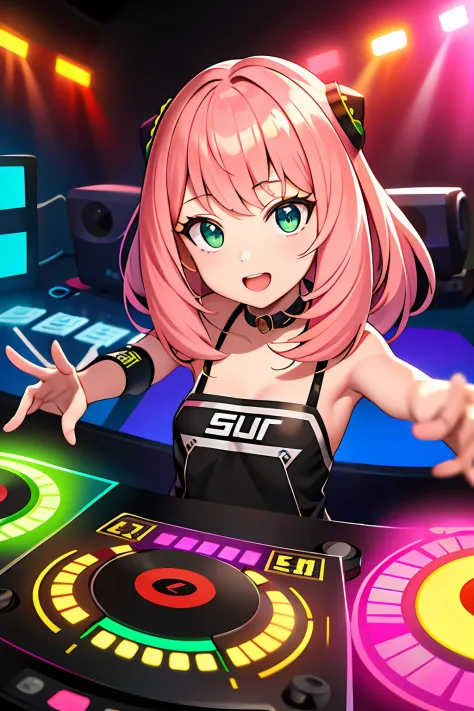 A solo shot featuring (Anya\(SPYXFamily\)) a DJ, showcasing her skills on the turntables at a vibrant rave.
