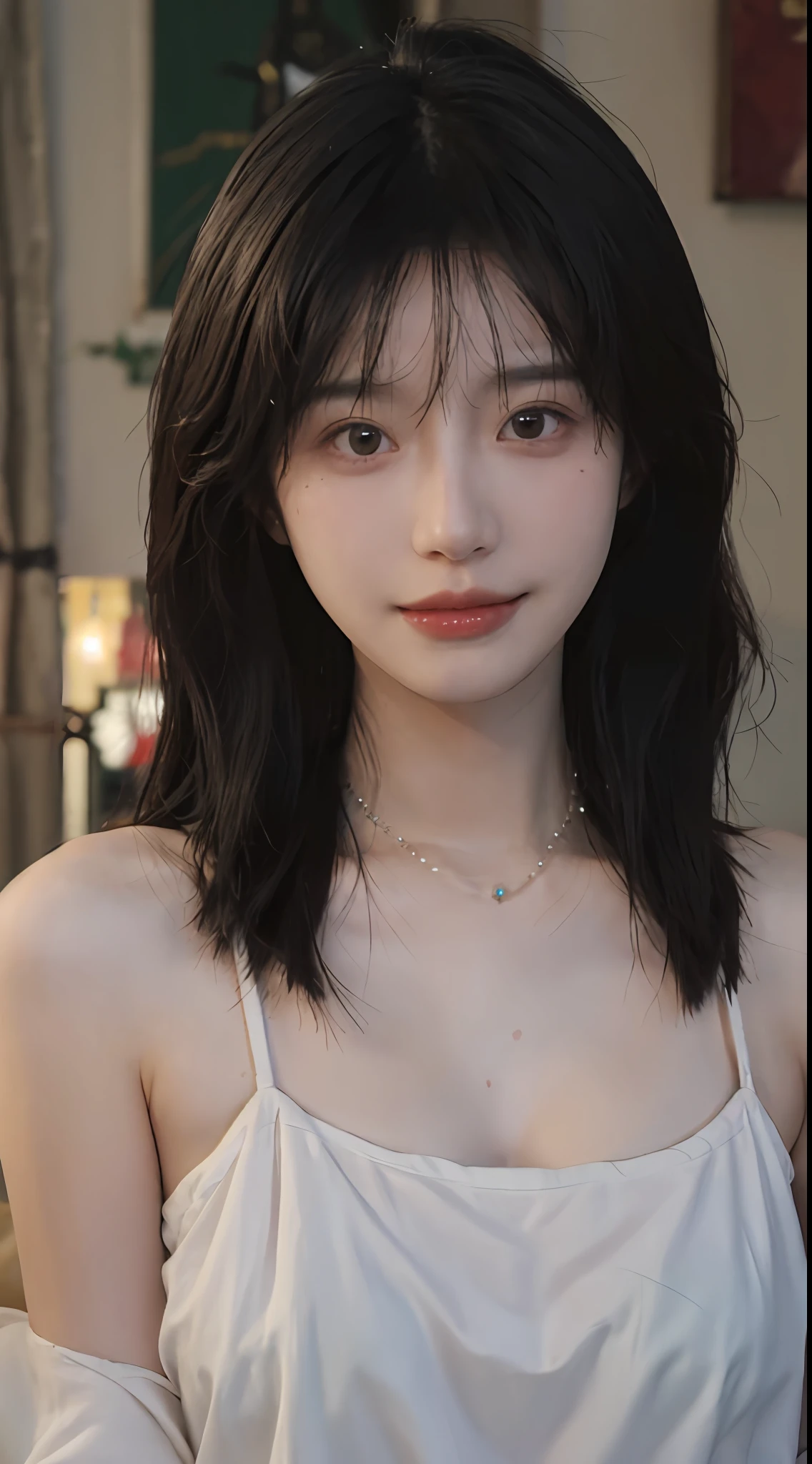 best qualtiy， Ultra-high resolution， （realisticlying：1.4），cute hairpin，Baoyu Girl，European style apartment，（flatchest：1.2） ，A pair of clear and moving peach blossom eyes,Royal Sister，sunshine on face，Big wavy hairstyle，（choker necklace：1.2），（Fair skin：1.4），a sense of atmosphere，a beauty girl， ssmile，head straight-looking at viewer， closeup cleavage ，(Photorealistic:1.4),1girll,sexly,(Upper body:1.4),(Wet body),(:1.2)