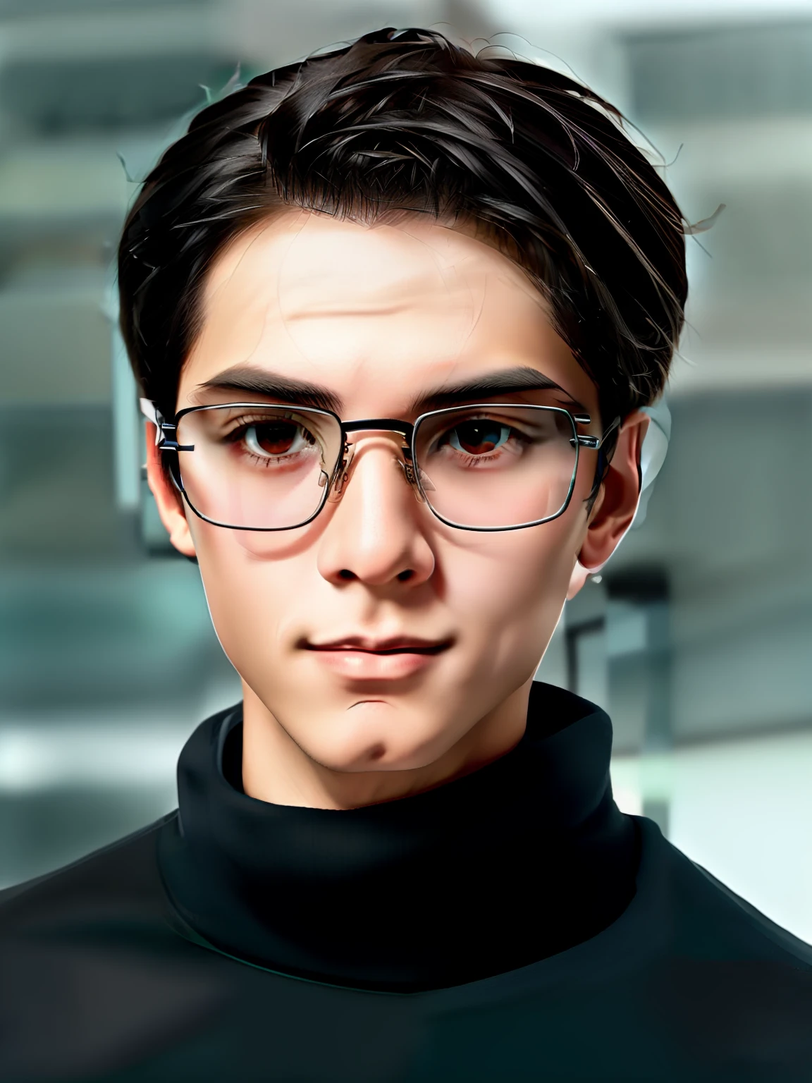 Man in glasses and a turtleneck sweater sitting on a couch, imagem frontal, em torno de 1 9 anos, 18 anos, Alex, jewish young man with glasses, 1 6 anos, Riyahd Cassiem, imagem de qualidade muito baixa, staring directly at camera, Mohamed Chahin, With eye Glasses, with glasses on, foto de perfil profissional