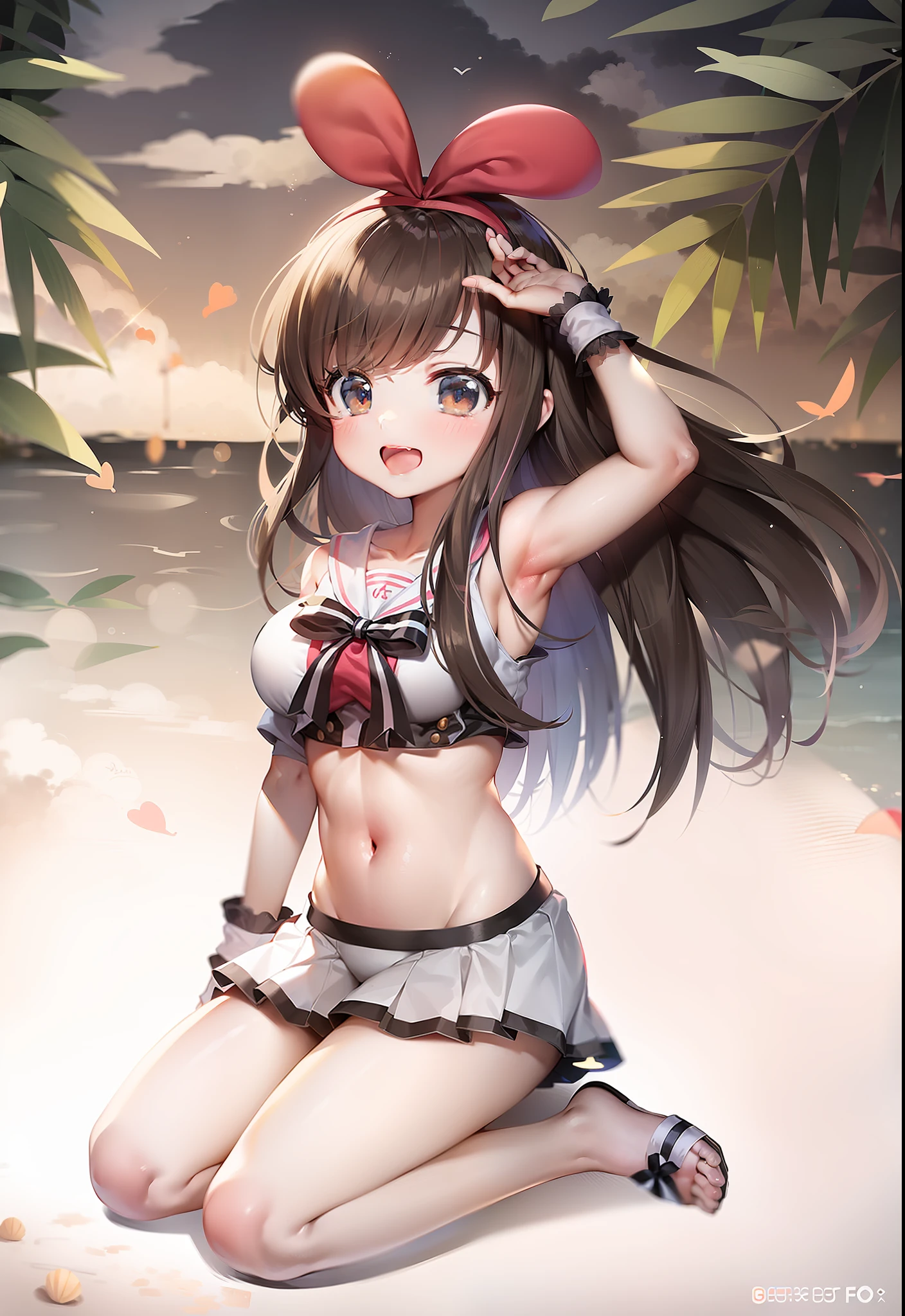 Make a masterpiece of kizuna ai, usando um biquini, umbigo exposto, barriga exposta, coxas macias, seios enormes, olhar fofo, na praia.