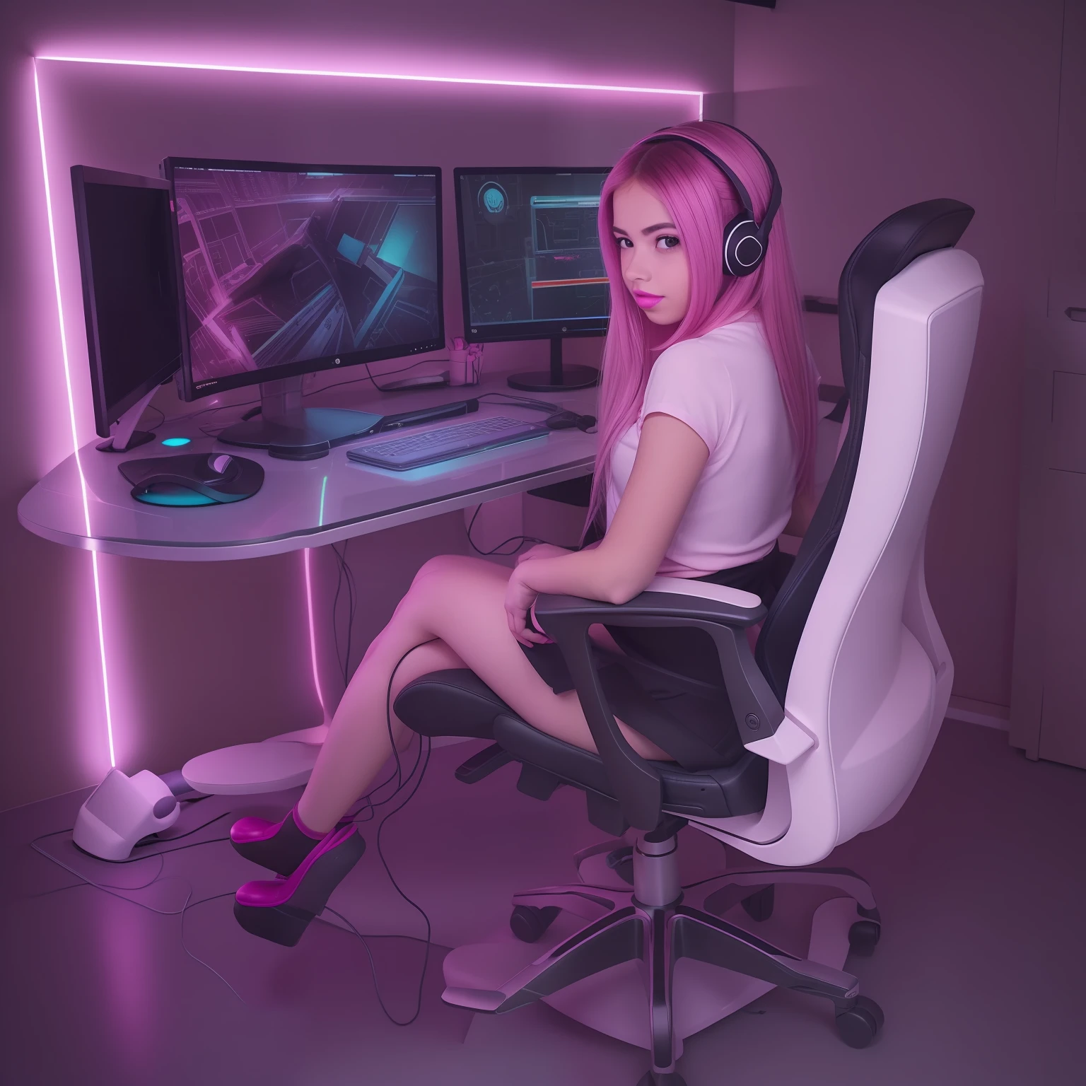 1 名女孩, 坐姿, 辦公椅, 電腦, LED RGB, 四開遊戲玩家, 自己拍的照片, 棕色的頭髮, 沙漏型身材, , 丁字褲內褲, 透明的, 粉紅色的嘴唇, 紅撲的臉, 後面的位置, 全身視覺