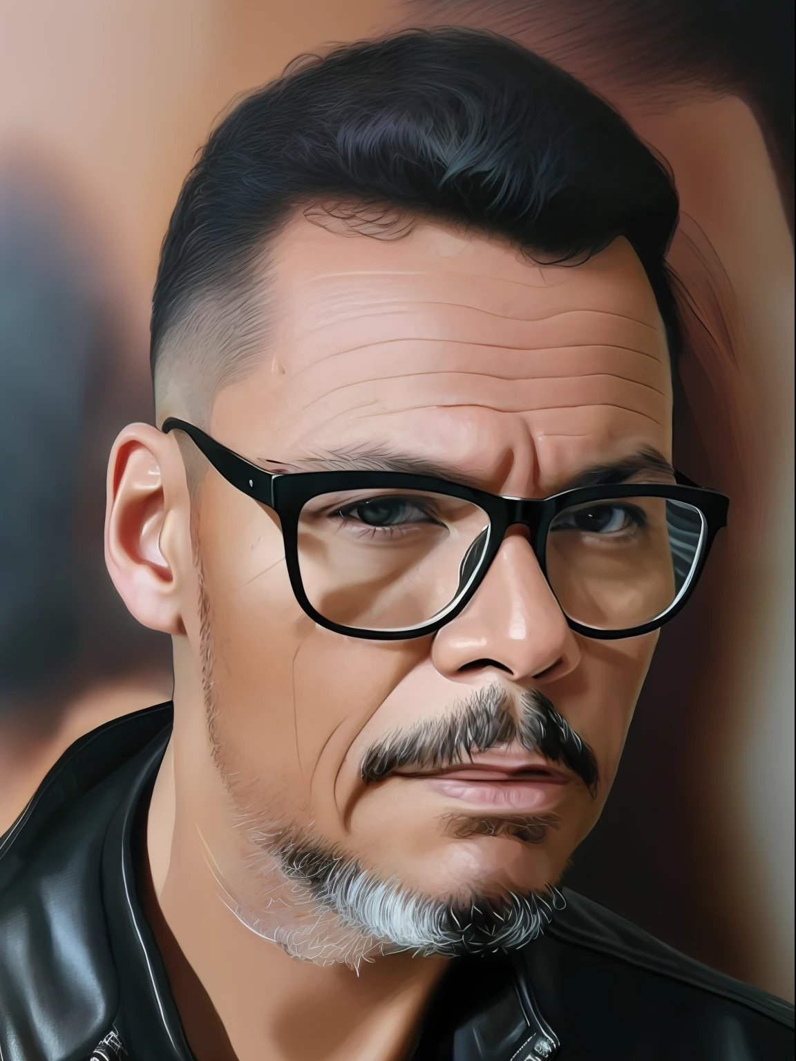 guttonervision8, Create a hyper-realistic portrait of a man wearing glasses, with meticulously detailed hair, skin, and bright brown eyes. He is dressed in a black leather jacket and a white t-shirt.

In this extraordinary artwork, the man's features are captured with utmost precision and detail. His hair is rendered in hyper-realistic fashion, with every strand meticulously depicted, adding depth and realism to his appearance.

The quality of the illustration is of extreme excellence, allowing even the smallest nuances of the man's skin texture to be visible. Fine lines, pores, and imperfections are meticulously portrayed, giving the artwork a true-to-life quality.

The man's eyes are a prominent feature, shining with a captivating brightness that draws the viewer into the portrait. The depth and soulfulness of his gaze are emphasized, evoking a sense of connection and intrigue.

The man's attire, a black leather jacket and a crisp white t-shirt, is rendered with fotorrealism, adding to the overall lifelike feel of the artwork. The textures of the leather and fabric are skillfully portrayed, enhancing the sense of realism.

The final artwork will be an 8K UHD masterpiece, capturing the essence of hyperrealism and fotorrealism, showcasing the remarkable skill of the artist in bringing the man's image to life on the canvas. Viewers will be mesmerized by the level of detail and authenticity, as if the man were standing right before them in all his captivating glory.