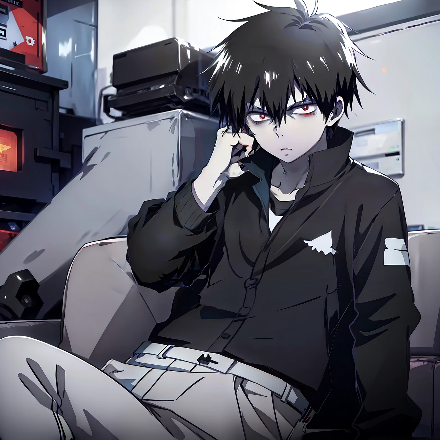 tired man, 18 years old, medium hair, black hair,  red eyes, pale skin, sweater black, grey pants, in a sofa, relaxing posture, 4k good anathomy