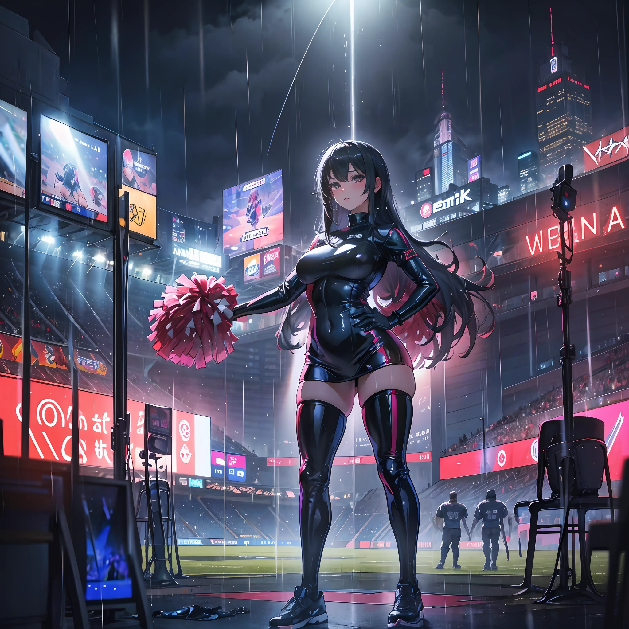 Anime girl in a black latex outfit with pom poms - SeaArt AI