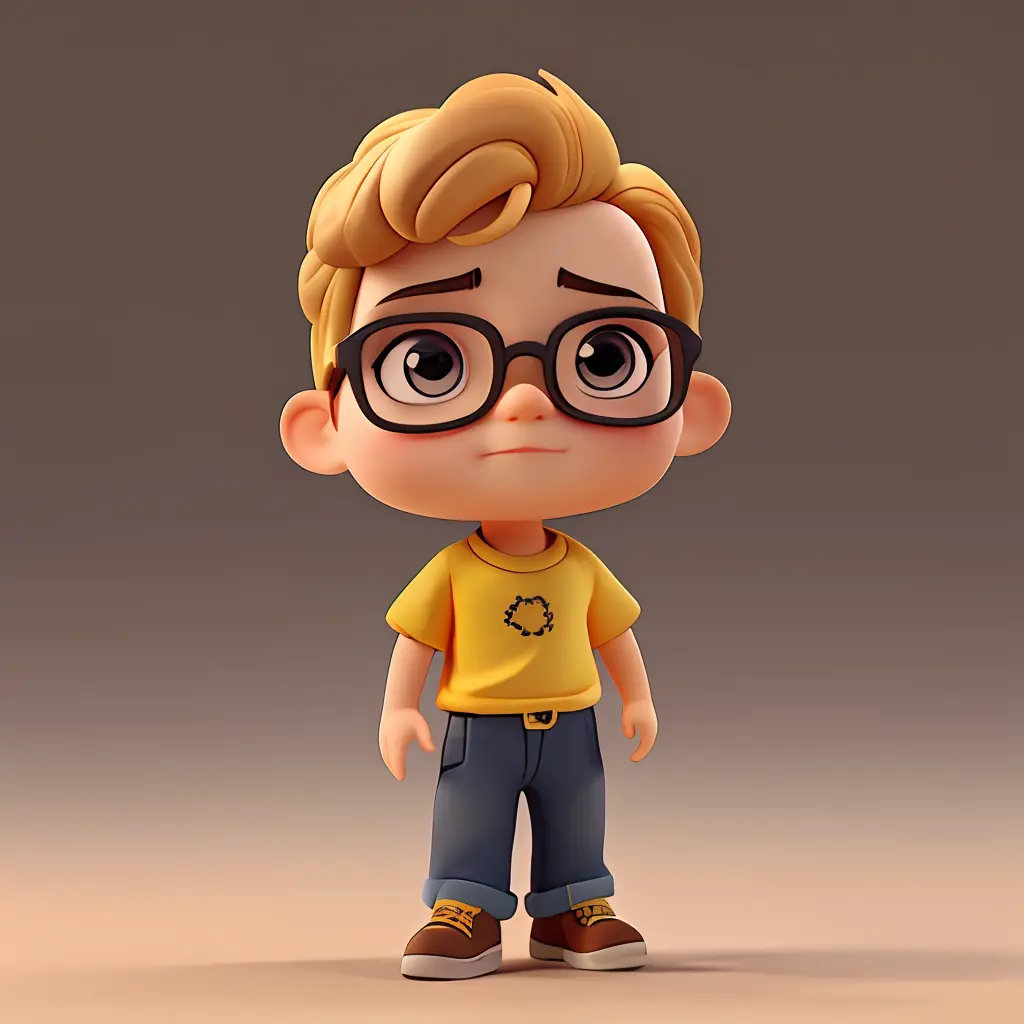 Cute little 38 year old man, Yellow T-shirt, wave her hand, huge head, shot Undercut hair , wearing Round gold thin frame glasse...