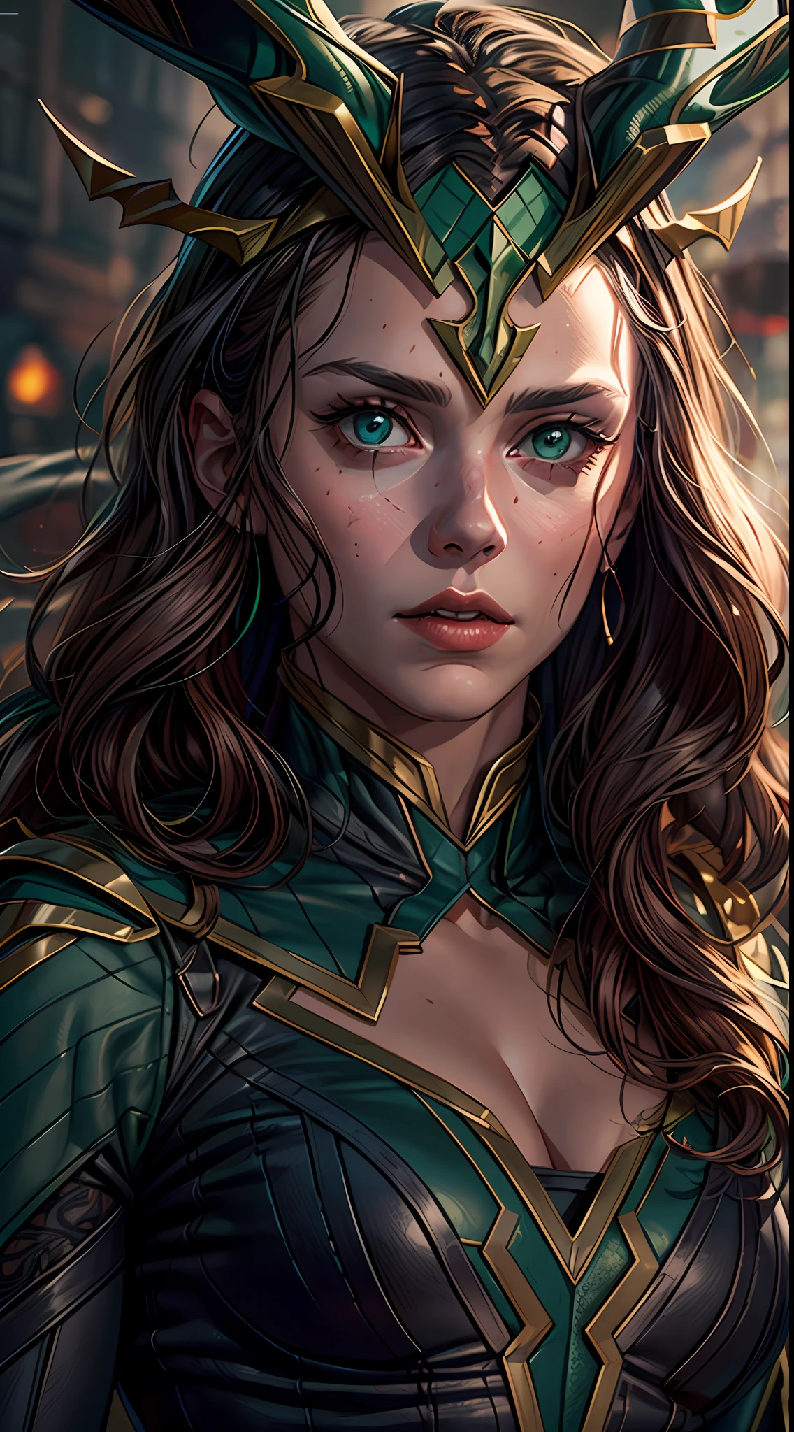 (RAW Photo, Best Quality), (Realistic, Photorealistic Photo: 1.3), Best Quality, Highly Detailed, Masterpiece, Ultra Detailed, Illustration, marvel cinematic universe, marvel, Wanda Maximoff + Loki unique combination, Elizabeth Olsen, Beautiful Wanda Maximoff in Loki's black and green colored costume with his 2 horns of crown, upper body, high detail on dress and crown, Best Quality, Extremely Detailed CG Unified 8k Wallpaper, Ink, Amazing, badass look, portrait, close up (skin texture), intricately detailed, fine details, hyperdetailed.