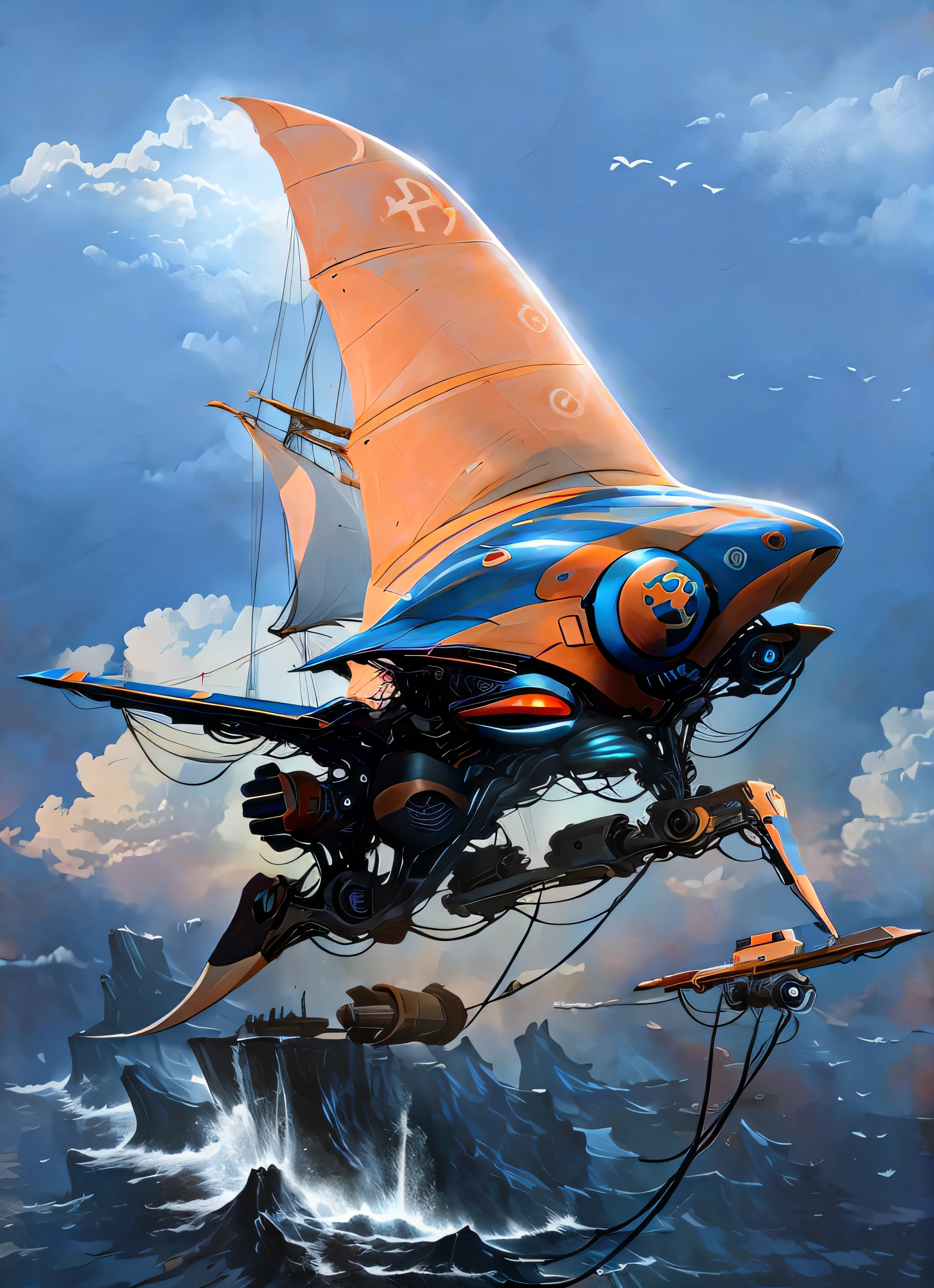 Futuristic super sailing ship flying among the clouds surrounded by seagulls and super sharks swimming in a rough sea with huge threatening waves crashing against cliffs of volcanic islands