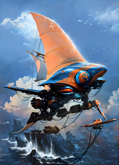 Super barco de vela futurista volando entre las nubes rodeado de gaviotas y super tiburones nadando en un mar embravecido con en...