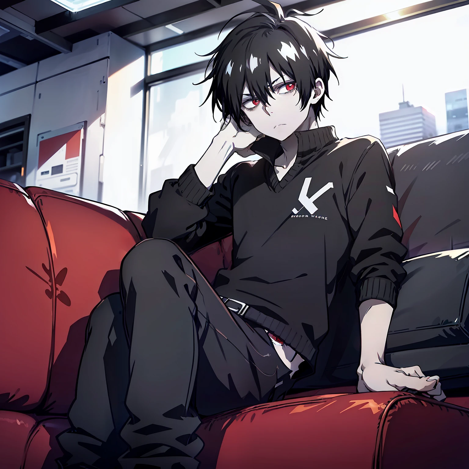 tired man,, 18 years old, black hair, light long black hair,, red eyes,, pale skin, black sweater, gray pants, on a couch, relaxing posture, 4k good anatomy