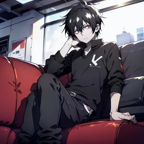 tired man,, 18 years old, black hair, light long black hair,, red eyes,, pale skin, black sweater, gray pants, on a couch, relaxing posture, 4k good anatomy