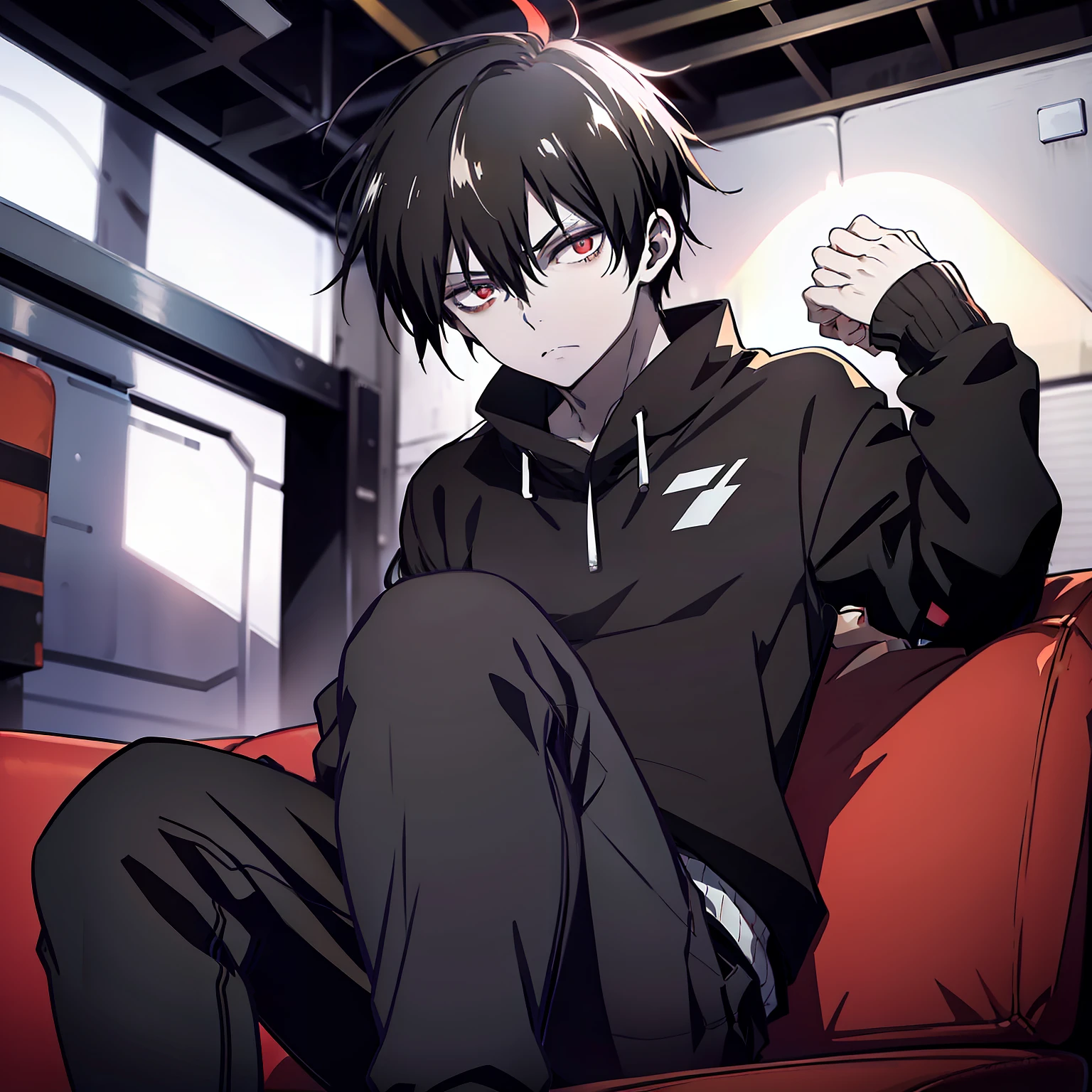 tired man,, 1, black hair, light long black hair,, red eyes,, pale skin, black sweater, gray pants, on a couch, relaxing posture, 4k good anatomy