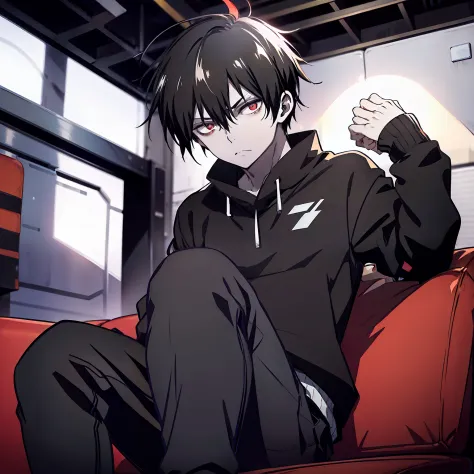tired man,, 18 years old, black hair, light long black hair,, red eyes,, pale skin, black sweater, gray pants, on a couch, relaxing posture, 4k good anatomy