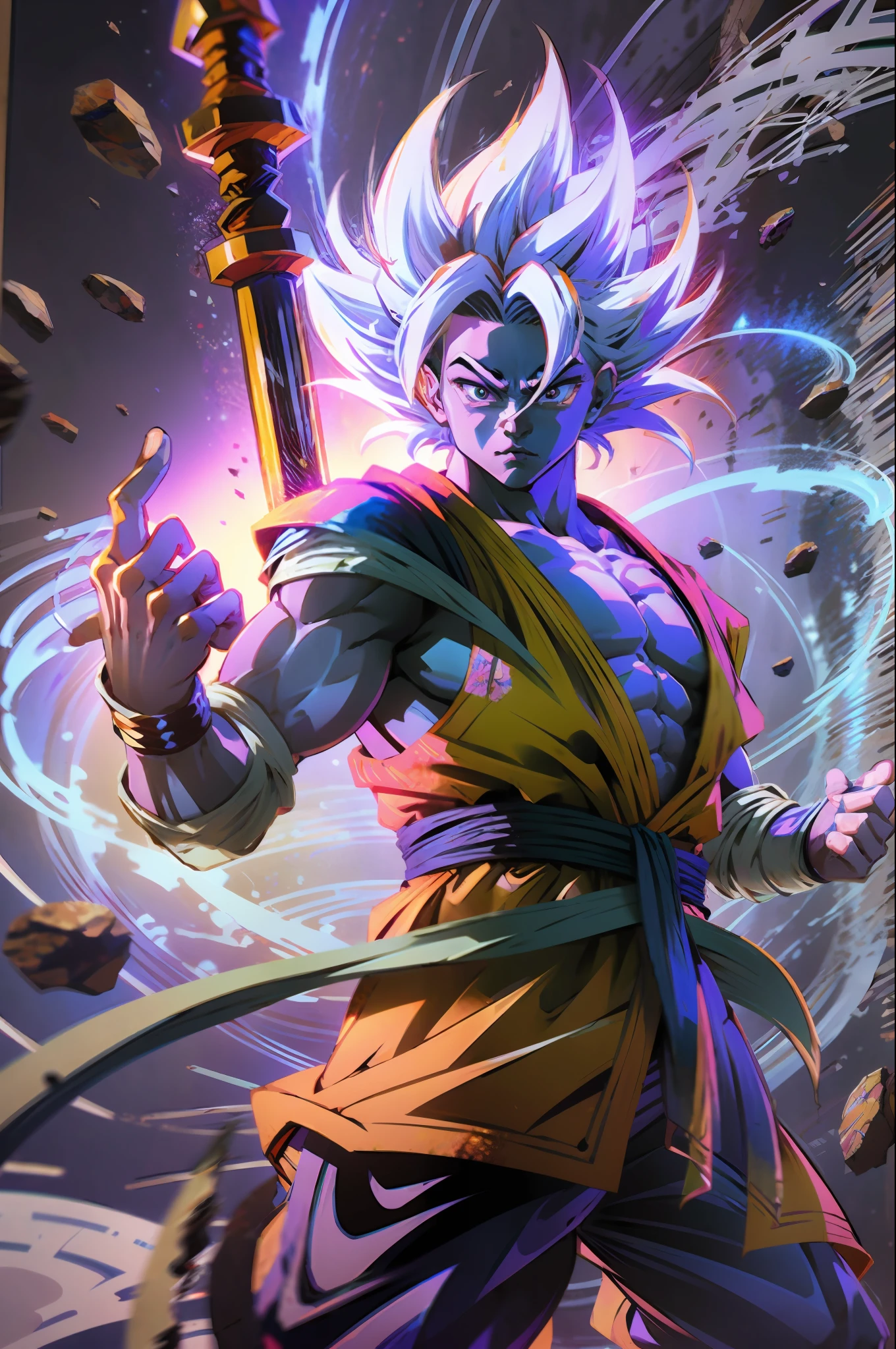 Goku and Whis Fusion, Dragon ball Z, Blue skin, Saiyan white hair, Wine and orange costume, Purple eyes, muscular, Flying, Staff in hands, Realistic background, Hyperdetailed, ultra HD, 8K