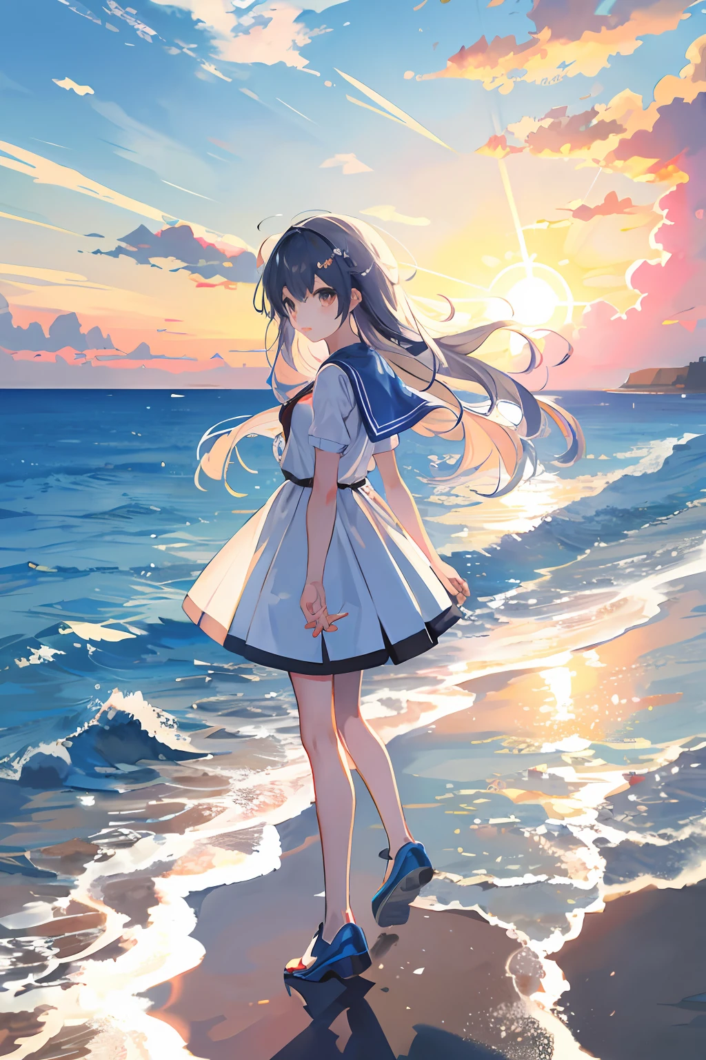 Flat anime style backlit illustration，The sun shines obliquely through the clouds，Seaside scenery at sunset。