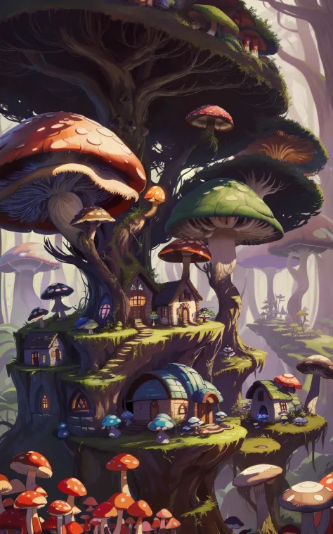 Close-up of a bunch of mushrooms in the forest, mushroom city, Mushroom forest, cyber mushroom city, mushroom house, forest made of mushrooms, mushroom trees, Stylized concept art, mushroom house, 3 d render stylized, Mushrooms are everywhere, Detailed dig...
