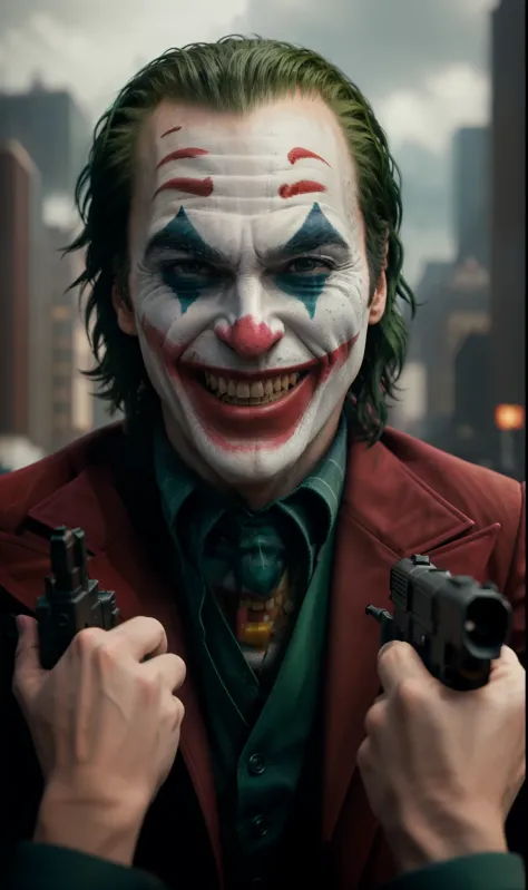 Joker (pointing a gun at his own head) crazy laughing, high detail, sharp focus, photorealistic, moody, smokey, hyperdetailed, 8...