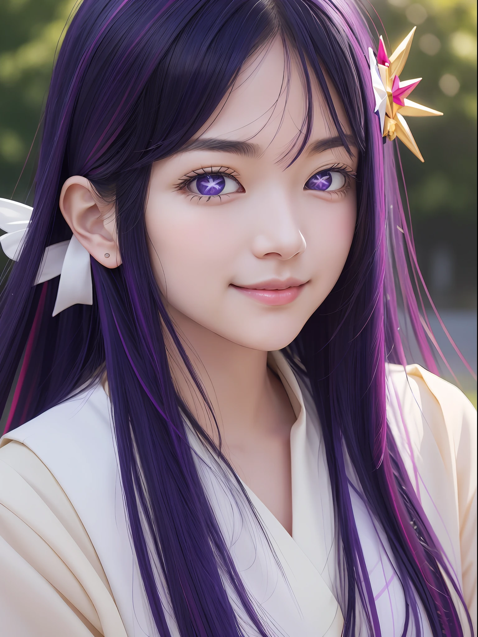 hoshino Ai, europe youth, long hair, purple hair, streaked hair ,purple eyes, star-shaped pupils, (hair ornament:1.2),  star-shaped pupils, (1 girl), (masterpiece, best quality:1.4), (modern days), (cowboy shot), 1girl, solo, pov, sfw, stunning girlfriend, (standing:1.1), dynamic pose, heart shaped face, elegant face, beautiful face, highly detailed face, highly detailed skin, skin pores, subsurface scattering, medium breast, loving smile, looking at viewer, full face blush, full lips, detailed background, depth of field, atmospheric perspective, volumetric lighting, sharp focus, absurdres, realistic proportions, good anatomy, (realistic, hyperrealistic:1.4), 16k hdr,